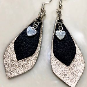 Genuine leather earrings with silver heart detail
